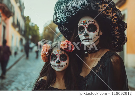 Portrait of mother and daughter in Mexico for the Day of the Dead. Ai generative 118092912