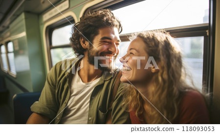 Cheerful young adult couple travelling by train, responsible travel concept 118093053
