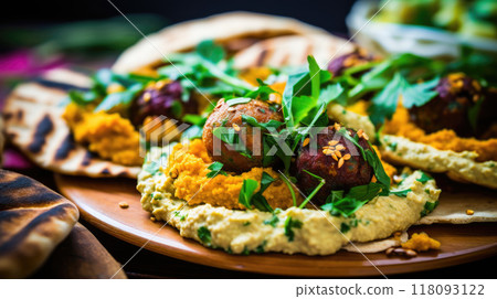 Close-up of falafel wraps with creamy sauce and fresh greens 118093122
