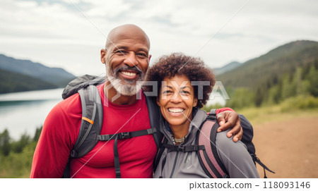 Middle aged couple walking on forest path with backpacks in summer Middle aged couple walking on forest path with backpacks in summer 118093146