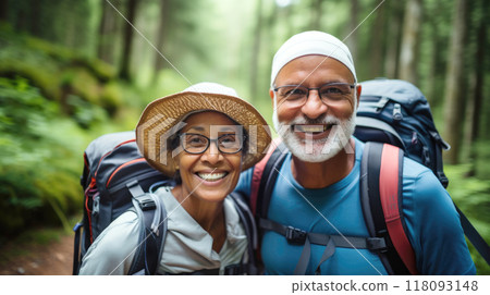 Middle aged couple walking on forest path with backpacks in summer 118093148