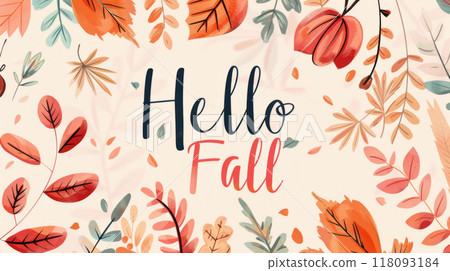 Autumn greeting card with colorful leaves and text hello fall 118093184