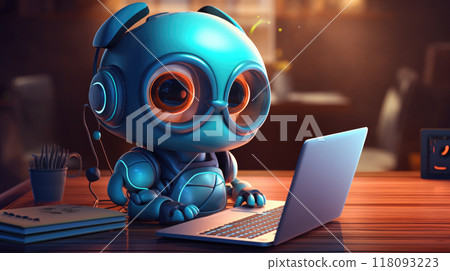 Cute robot with headphones working at a computer in futuristic office 118093223