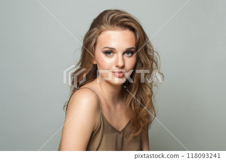 Happy healthy young woman, beautiful face closeup on white background 118093241