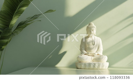 Buddha statue in meditation pose on reflective surface, background 118093336