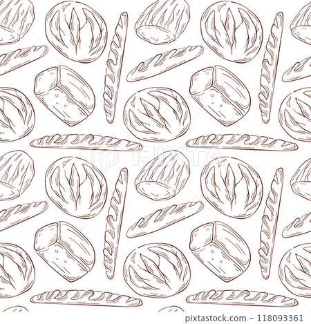 Seamless pattern with baguette and loaf bread in line art style. French bakery. Design for wallpaper, backdrop, background, cards and cafe food menu. 118093361