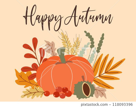 Cozy postcard with words happy autumn 118093396