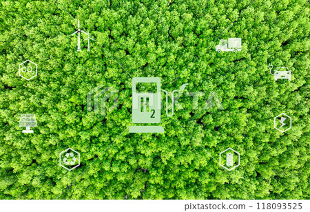 Green hydrogen energy generation using sustainable renewable resources like sun and wind. Hydrogen fuel cell vehicle with zero emissions. Green technology for future. Advancing the hydrogen economy. 118093525
