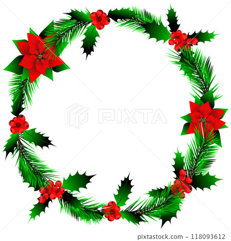 Isolated object-45. Christmas wreath, holly, poinsettia, Christmas tree, isolated on white background. 118093612
