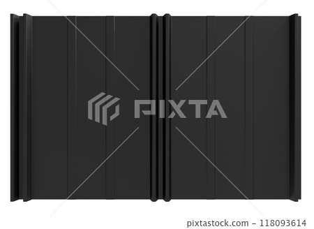 Sleek retro roof panel with standing seam and fasteners. Modern galvanized steel roofing sheet with ribs isolated on white background. Falz roofing. Classic style black metal panel with rebate joint 118093614