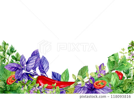Horizontal template with kitchen herbs and space for text. Rosemary, thyme, chili, basil, mint, bay leaf. Watercolor banner. Provencal spices, rustic menu composition. Horizontal template with kitchen herbs and space for text. Rosemary, thyme, chili, basil, mint, bay leaf. Watercolor banner. Provencal spices, rustic menu composition. 118093816