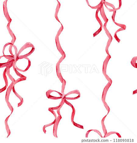 Seamless ornament of satin bows. Watercolor pattern made of pink silk ribbons. Decor for birthdays, weddings, Valentine's day. Decoration in boho style on a isolated background. 118093818