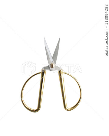 A single tailor gold scissors made from metal for sewing isolated on white background A single tailor gold scissors made from metal for sewing isolated on white background 118094288