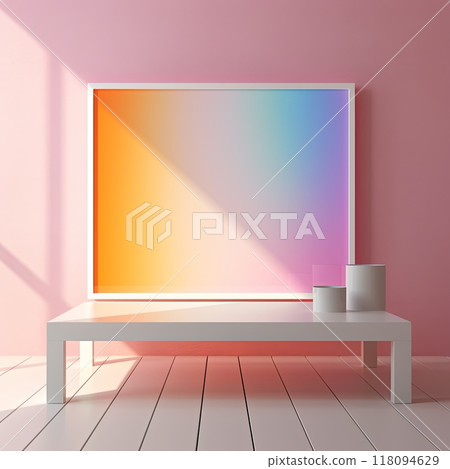 Empty mockup, blank poster above colorful plastic coffee table, minimal and clean. 118094629