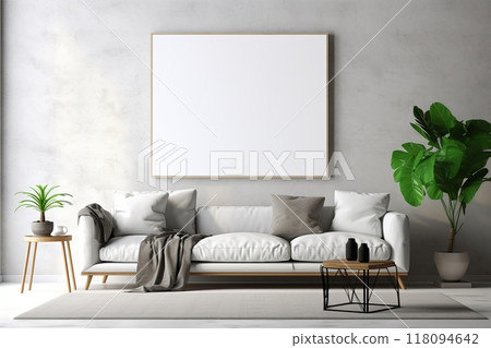 Blank poster frame on concrete wall in the living room, in style of empty mockup. Blank poster frame on concrete wall in the living room, in style of empty mockup. 118094642