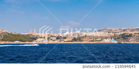 Seaside view of Mgarr bay, panoramic photo, Malta 118094645