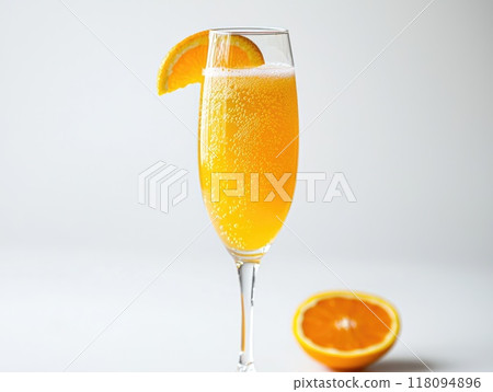 Mimosa cocktail with orange slice is sparkling on white background 118094896