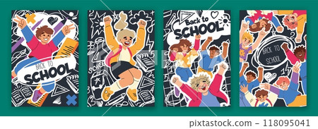 School background. Book children cover, happy student jump. Design banner, funny kids, people isolated, education poster. Concept teaching template. Flyer or card design. Vector training cartoon 118095041