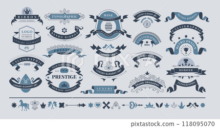 Ribbon logo. Banner frame, elegant badge, icon classic, stamp retro. Label coffee typography, sign old ornament. Design decoration ornamental elements. Wedding card decor. Vector vintage isolated set 118095070