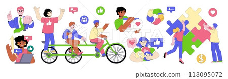 Brand plan strategy. Awareness customer. Growth target. Infographic report. Employees teamwork. Puzzle connection. Budget business. Marketing data icon. Analysis metaphor product. Vector concepts set 118095072