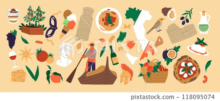 Italian food. European culture. Italy travel clipart. Pisa tower. Gelato and tomato pizza. Pasta plate. Wine bottle. Olive oil. Rome Coliseum. Venice gondolier. Tourism attraction icons vector set 118095074