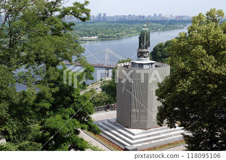 Kyiv, Ukraine June 17, 2023: the sculptural monument "Kiev Prince Vladimir the Great on a pedestal with bas-reliefs" is located in the center of the city of Kyiv Ukraine on Volodymyr's Hill 118095106