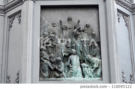 Kiev, Ukraine July 12, 2019: Monument to the Kiev and Novgorod prince Vladimir the Great, the monument is located in the center of Kiev on Vladimirskaya Gorka Kiev, Ukraine July 12, 2019: Monument to the Kiev and Novgorod prince Vladimir the Great, the monument is located in the center of Kiev on Vladimirskaya Gorka 118095122