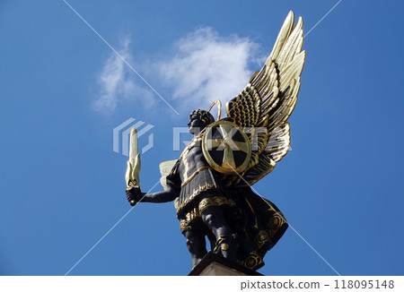 Kiev, Ukraine August 23, 2020: Monument "Archangel Archangel Michael" is located in the city center of Kiev on Independence Square Kiev, Ukraine August 23, 2020: Monument "Archangel Archangel Michael" is located in the city center of Kiev on Independence Square 118095148