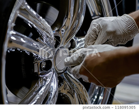 Mechanic wearing orange overalls inspecting car tire after washing Mechanic wearing orange overalls inspecting car tire after washing 118095305