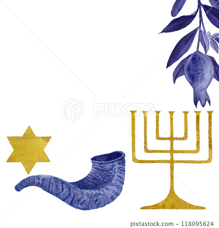 Rosh Hashanah, Hanukkah watercolor frame. Menorah and Torah, star shofar, candle illustration isolated on white. Festive design great for cards, stickers, packages, posters. Jewish traditions clip art Rosh Hashanah, Hanukkah watercolor frame. Menorah and Torah, star shofar, candle illustration isolated on white. Festive design great for cards, stickers, packages, posters. Jewish traditions clip art 118095624