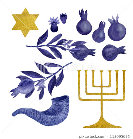 Rosh Hashanah, Hanukkah watercolor set. Menorah and Torah, star shofar, candle illustration isolated on white. Festive design elements great for cards, stickers, packages, posters. Jewish tradition 118095625