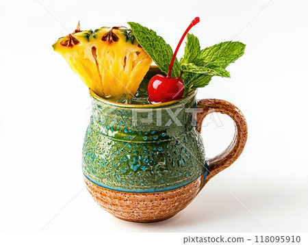 Mai tai cocktail decorated with pineapple slice and maraschino cherry in tiki style mug Mai tai cocktail decorated with pineapple slice and maraschino cherry in tiki style mug 118095910
