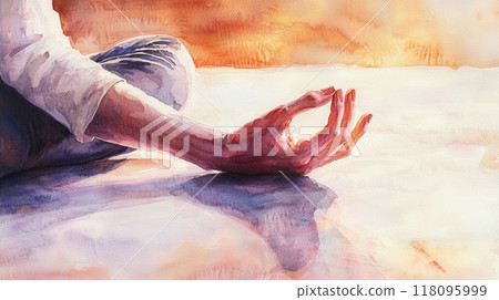 Watercolor painting representing a woman practicing yoga and meditating in the lotus position 118095999