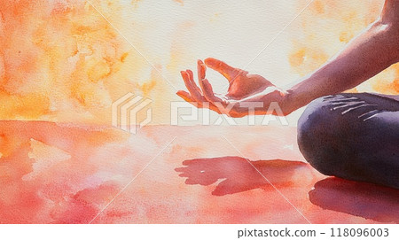 Watercolor painting representing a woman practicing yoga and meditating in the lotus position 118096003