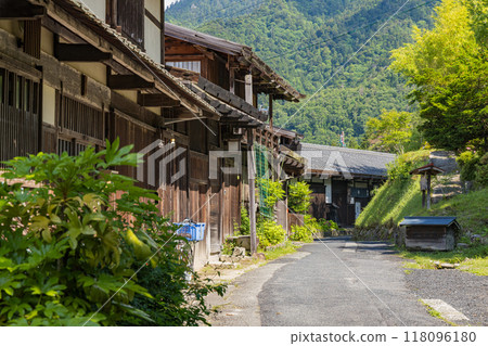 The townscape of Tsumago-juku, a post town on the Nakasendo road in Minami Kiso Town, Kiso District, Nagano Prefecture, Japan 118096180