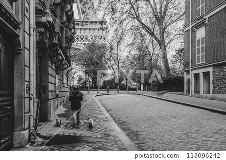 A woman walks along a peaceful Parisian street with the Eiffel Tower in view. Two small dogs accompany her, highlighting the charm of early mornings in the city. 118096242