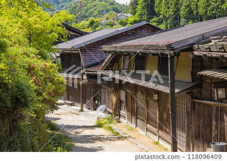 The townscape of Tsumago-juku, a post town on the Nakasendo road in Minami Kiso Town, Kiso District, Nagano Prefecture, Japan 118096409