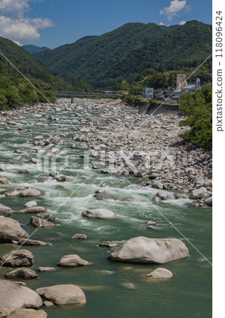 A view from Momosuke Bridge over the Kiso River in Minami Kiso Town, Kiso District, Nagano Prefecture, Japan 118096424