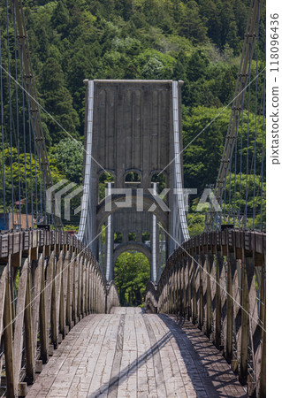 Momosuke Bridge, also known as Momo no Hashi, over the Kiso River in Minami Kiso Town, Kiso District, Nagano Prefecture, Japan 118096436
