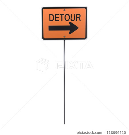 3D rendering of a detour sign pointing right on a simple base 3D rendering of a detour sign pointing right on a simple base 118096510