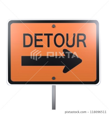 Bright orange detour sign indicating a right turn for road users Bright orange detour sign indicating a right turn for road users 118096511