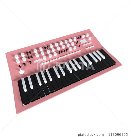 Stylish pink synthesizer with black keys and knobs in a modern design 118096535