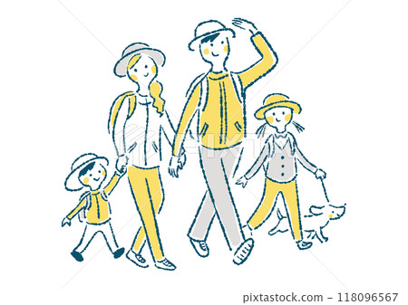 一個微笑的四口之家去徒步旅行的簡單手繪插圖 一個微笑的四口之家去徒步旅行的簡單手繪插圖 118096567