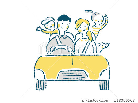 Hand-drawn illustration of a smiling family of four driving 118096568
