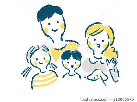 手繪的上半身插圖,描繪了一個微笑的四口之家和他們的寵物狗 手繪的上半身插圖,描繪了一個微笑的四口之家和他們的寵物狗 118096570