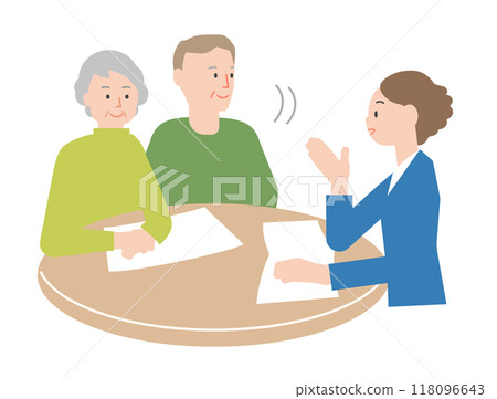 Illustration of an employee explaining to an elderly couple 118096643