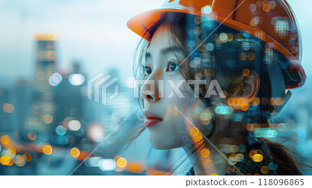 Double exposure of the female engineer and construction site 118096865