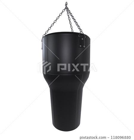 Black 3D-rendered punching bag suspended from a metallic chain Black 3D-rendered punching bag suspended from a metallic chain 118096880