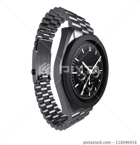 Stylish 3D rendering of a modern black chronograph watch design Stylish 3D rendering of a modern black chronograph watch design 118096918