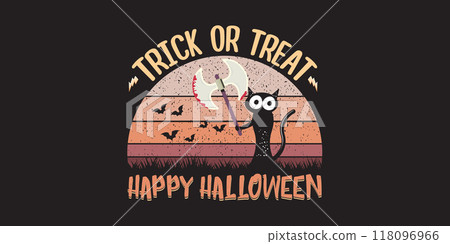 Happy halloween greeting card and horizontal banner with Black cat holding knife isolated on vintage sun background. Funny Halloween black cat holding a bloody knife. Halloween concept illustration Happy halloween greeting card and horizontal banner with Black cat holding knife isolated on vintage sun background. Funny Halloween black cat holding a bloody knife. Halloween concept illustration 118096966